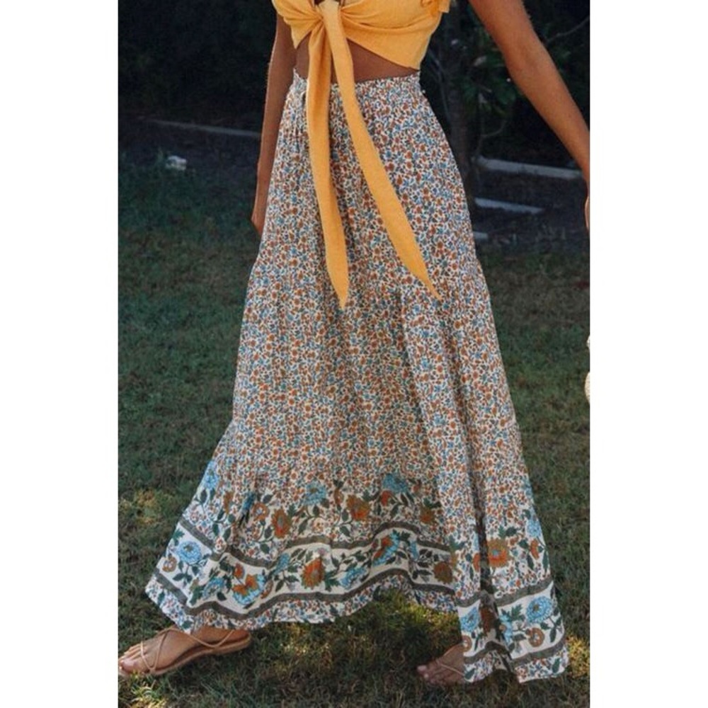 Boho Floral Print Elastic High Waist Maxi Skirt - Picture 2 of 10